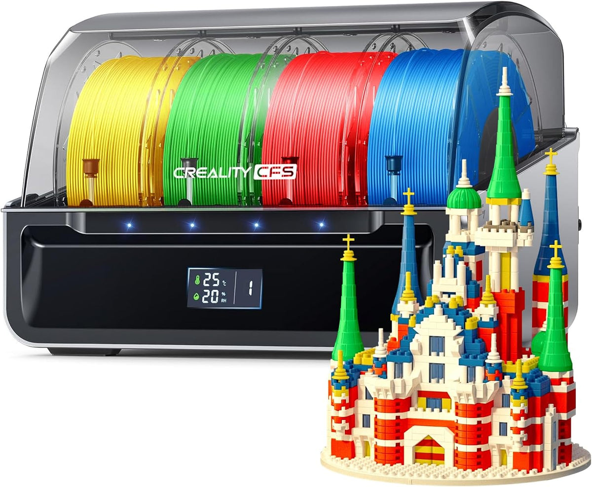 3D printer with spools of filament and a colorful 3D printed castle model.