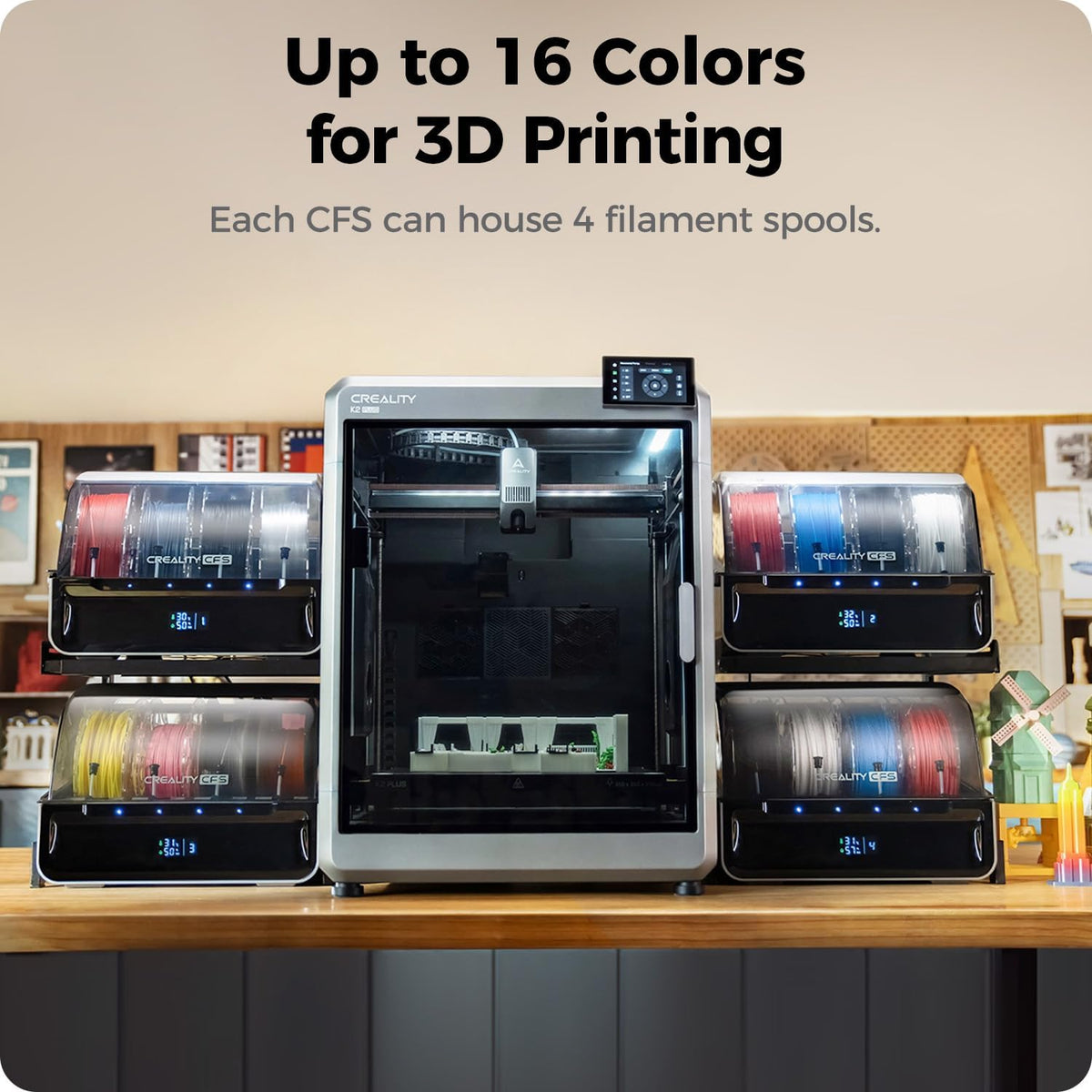 3D printing station with multiple filament spools and a printer, featuring text about color options and filament capacity.