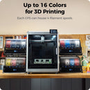 3D printing station with multiple filament spools and a printer, featuring text about color options and filament capacity.
