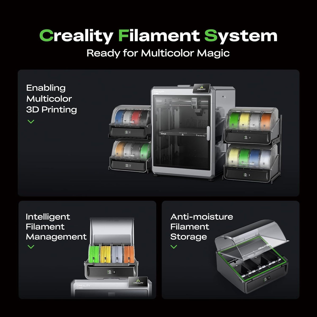 Creality Filament System with 3D printer and filament storage on a black background