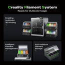 Creality Filament System with 3D printer and filament storage on a black background