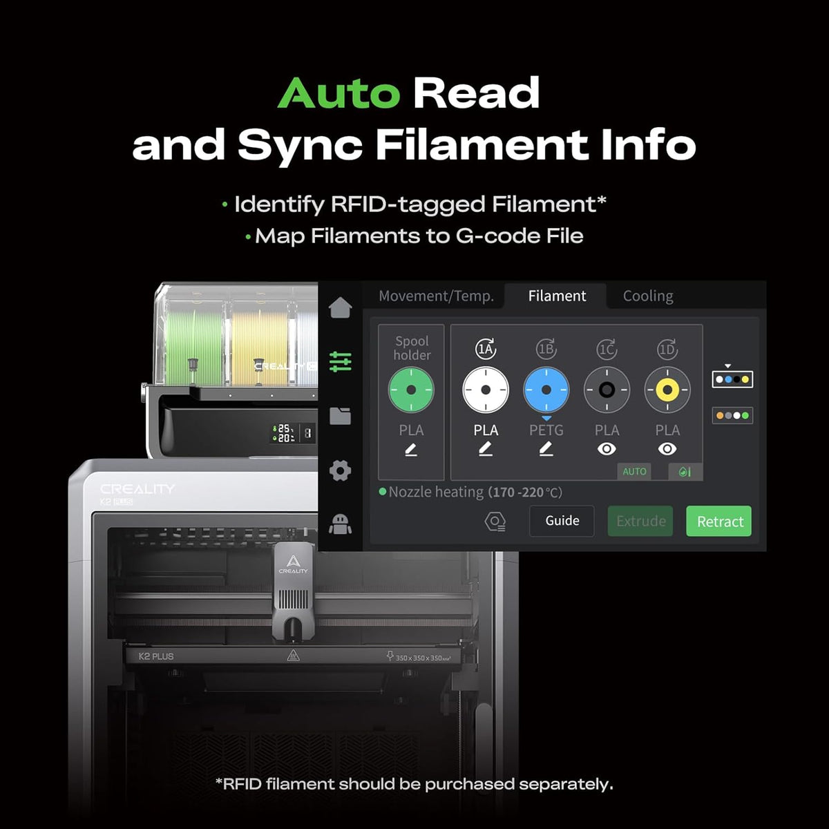 3D printer with filament management system on a black background
