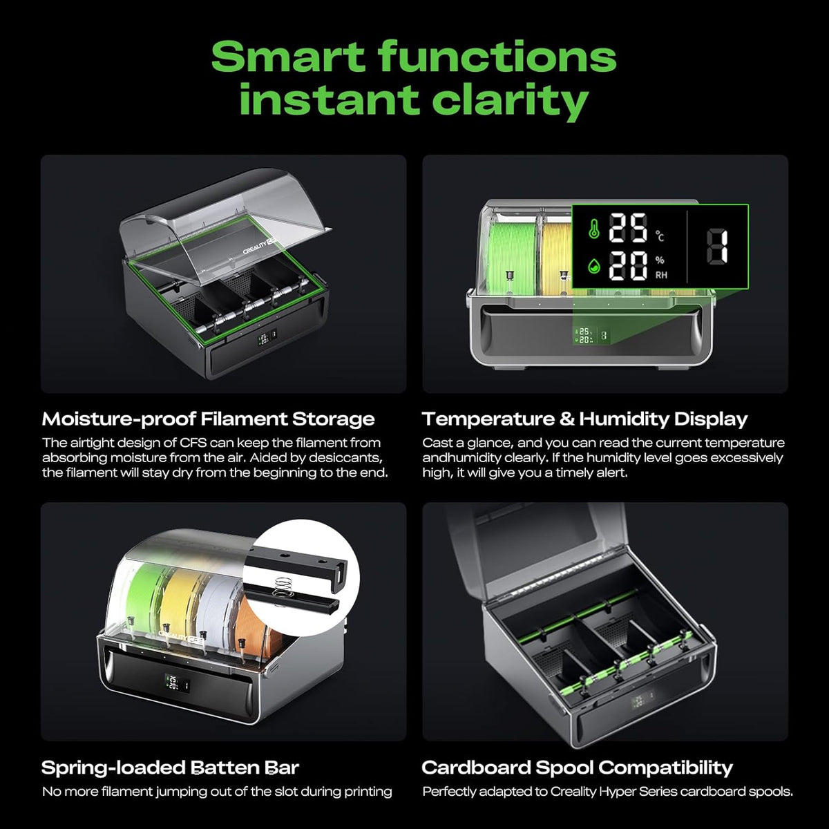 Smart filament storage device with temperature, humidity display, and other features on a black background.