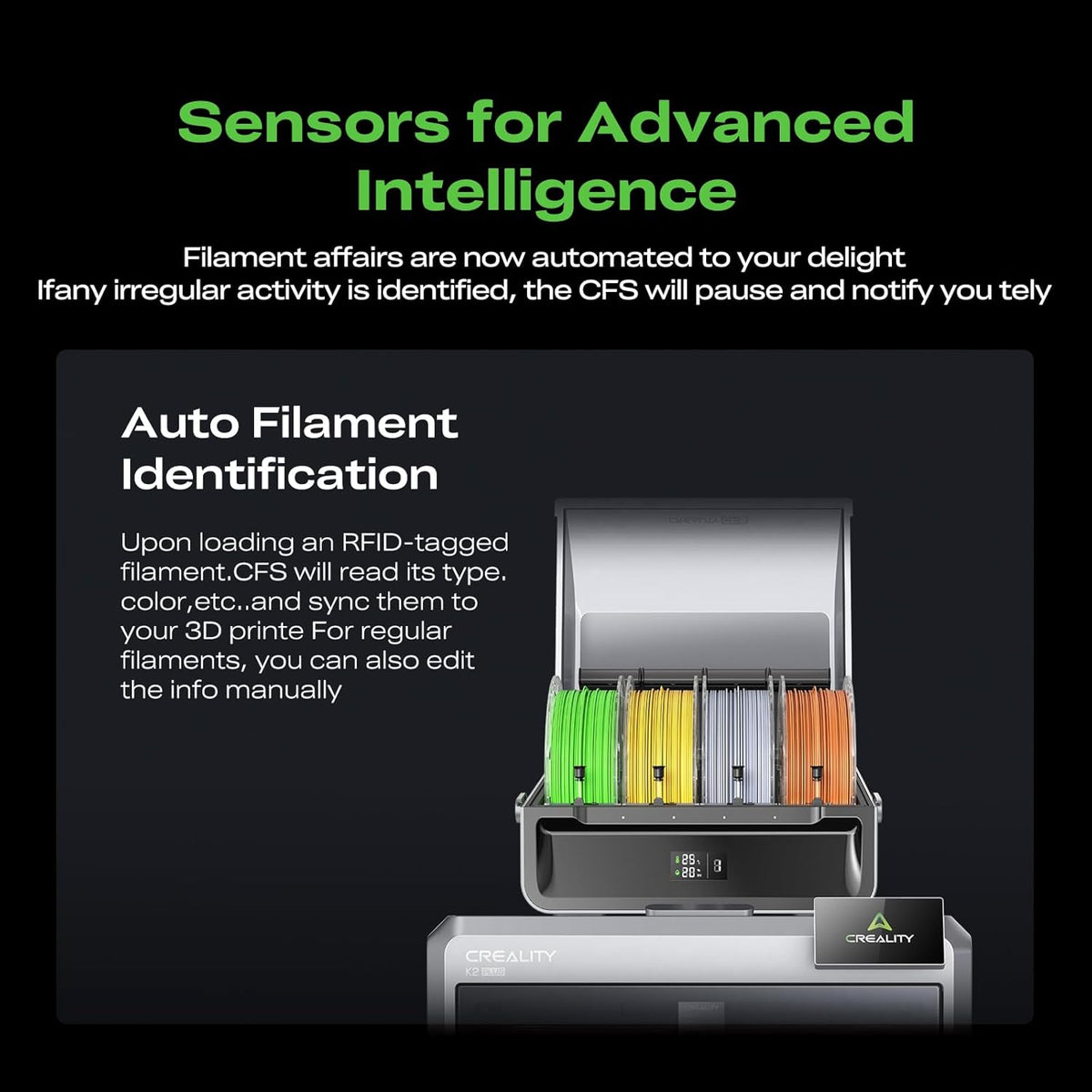 3D filament management system with text on advanced intelligence and auto filament identification.