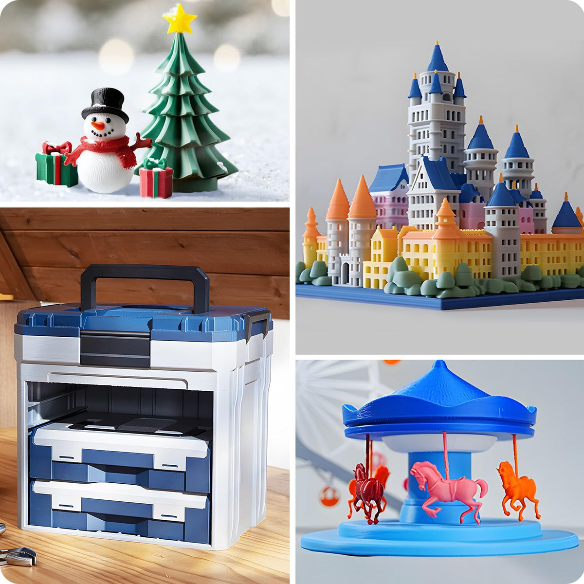 Collage of a toolbox, Christmas tree with snowman, castle model, and carousel toy.