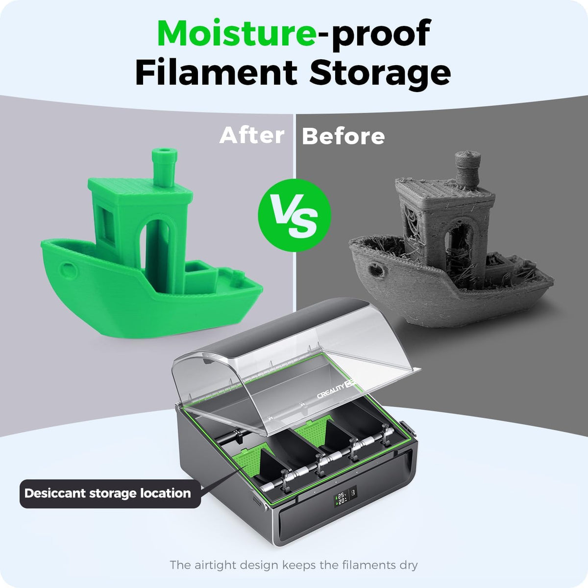 Desiccant storage device with 3D printed objects before and after moisture exposure, on a gray background.