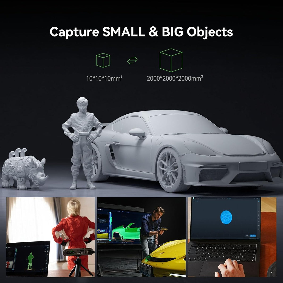 Creality CR-Scan OTTER collage showing small and large scanned objects with laptop software views.
