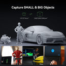 Collage of a 3D scanner capturing small and large objects with corresponding software interfaces on a laptop.