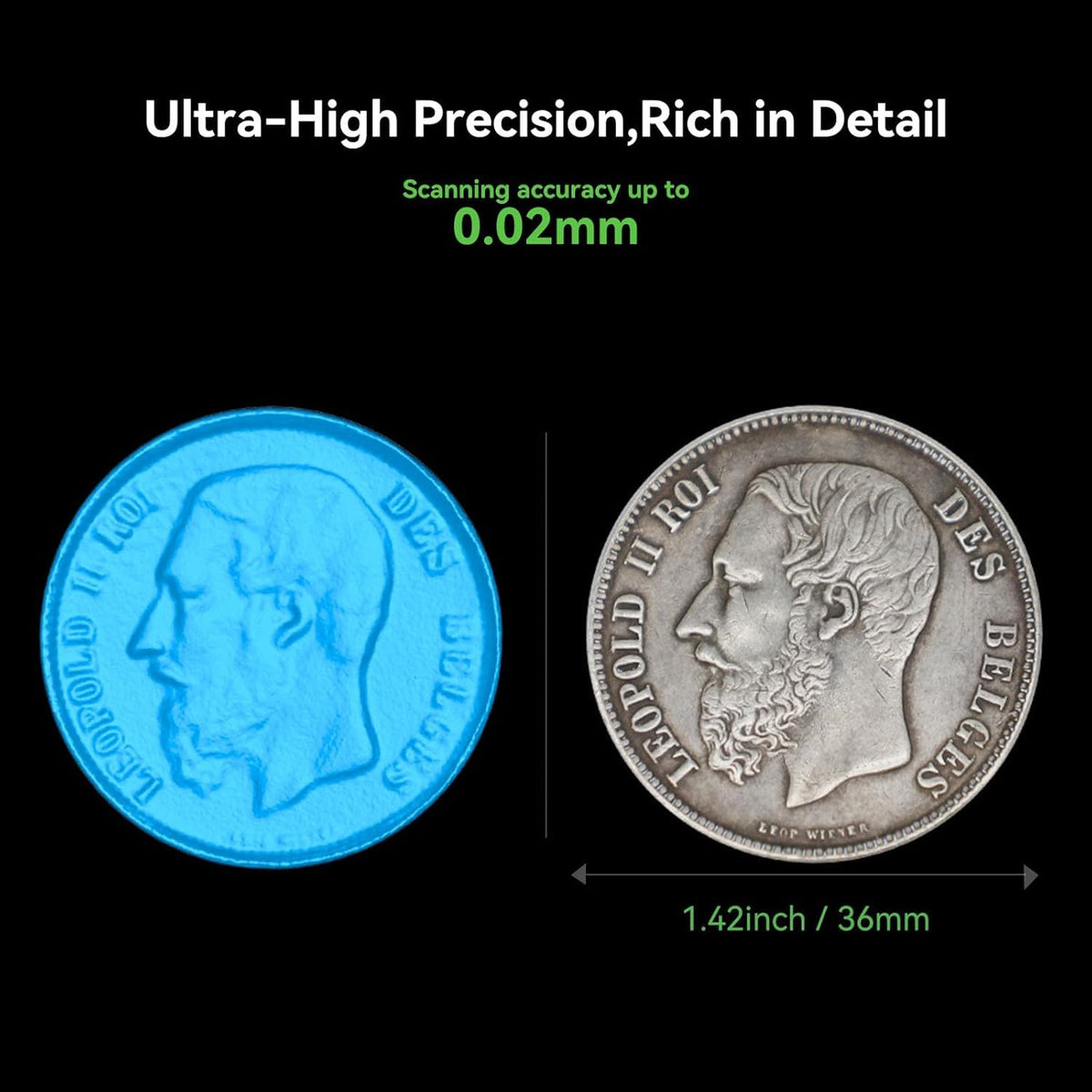 Creality CR-Scan OTTER accuracy graphic showing blue and silver coin examples.