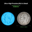 Two coins, one blue and one silver, with text indicating ultra-high precision and scanning accuracy.