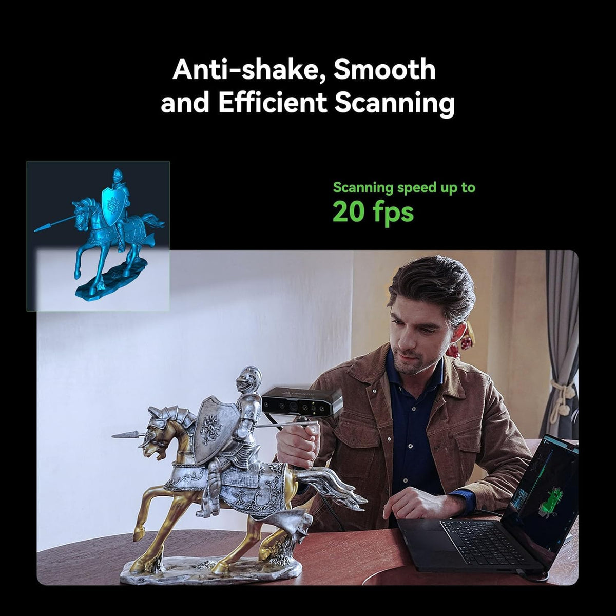 Person scanning a metallic figurine in a Creality CR-Scan OTTER scanning-speed graphic.