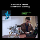 Person scanning a metallic figurine with text about scanning speed and efficiency.