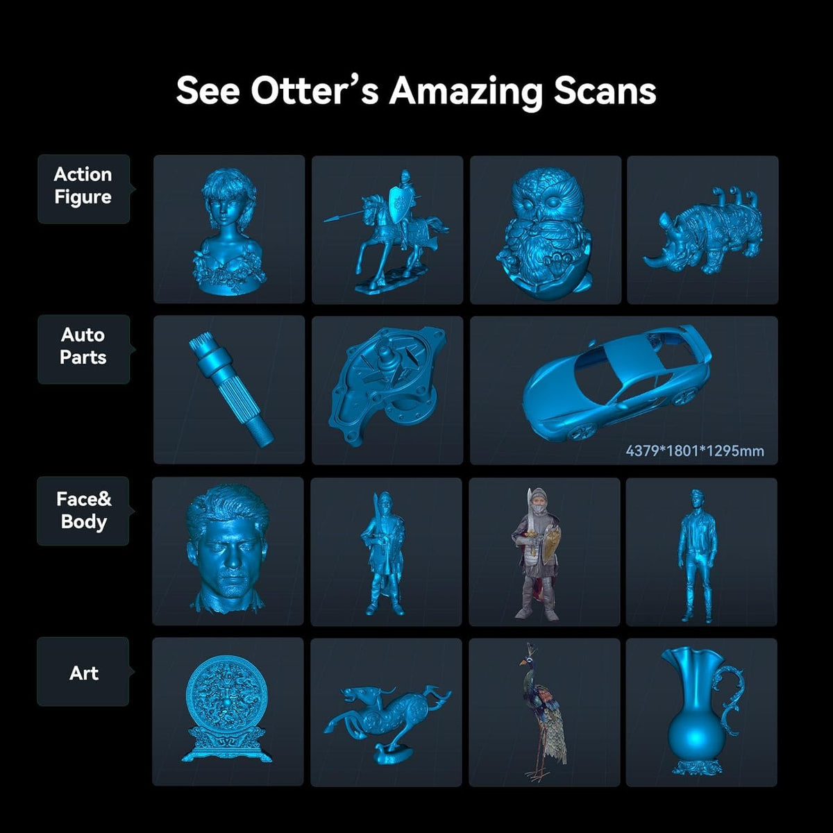 Creality CR-Scan OTTER scan examples including figures, automotive parts, face and body models, and art.