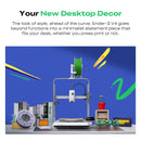 3D printer on a desk with colorful abstract designs in the background