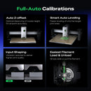Diagram of a 3D printer with text explaining full-auto calibrations including Auto Z-offset, Smart Auto Leveling, Input Shaping, and Easiest Filament Load & Unload.