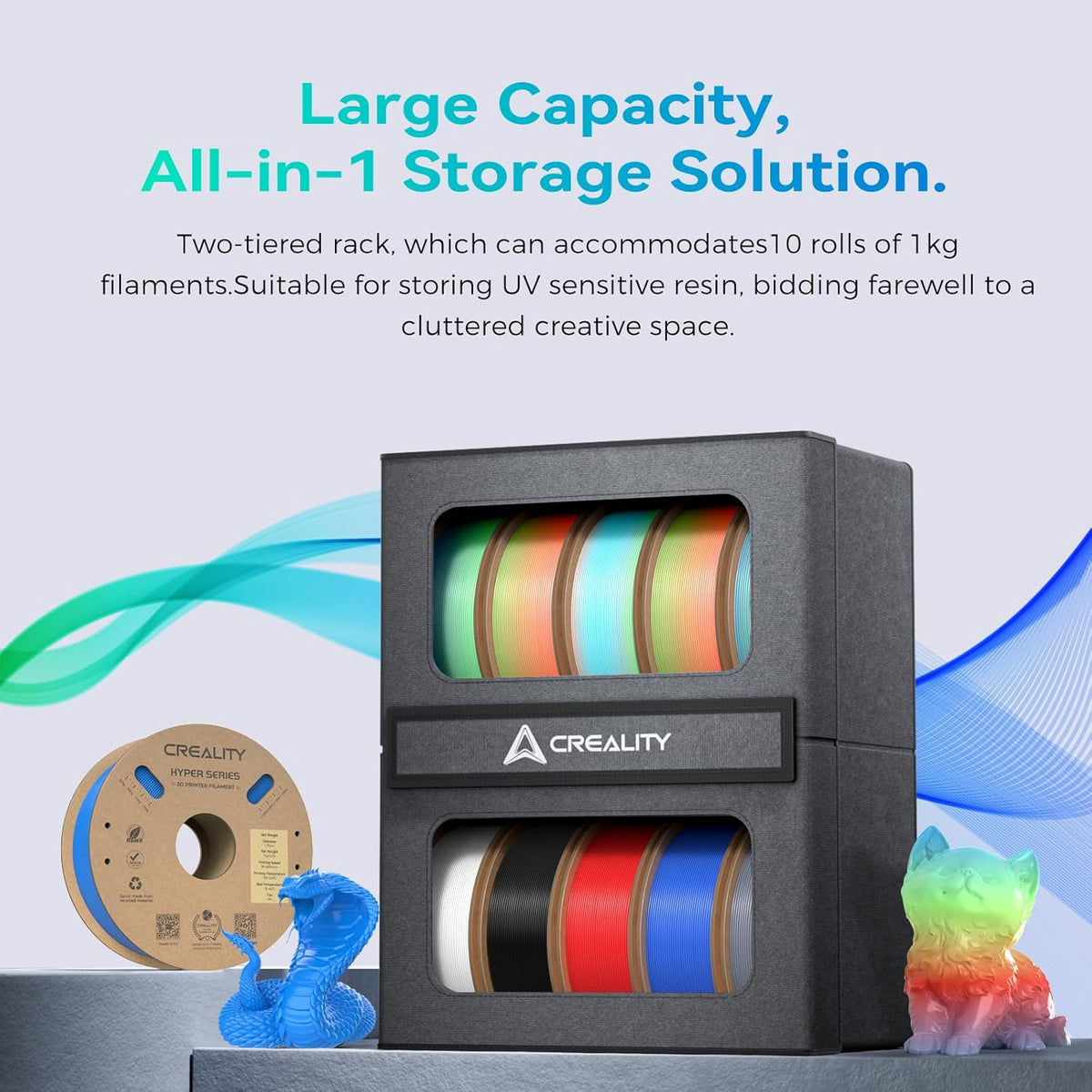 Creality filament storage graphic showing colourful spools and feature text on a blue background.