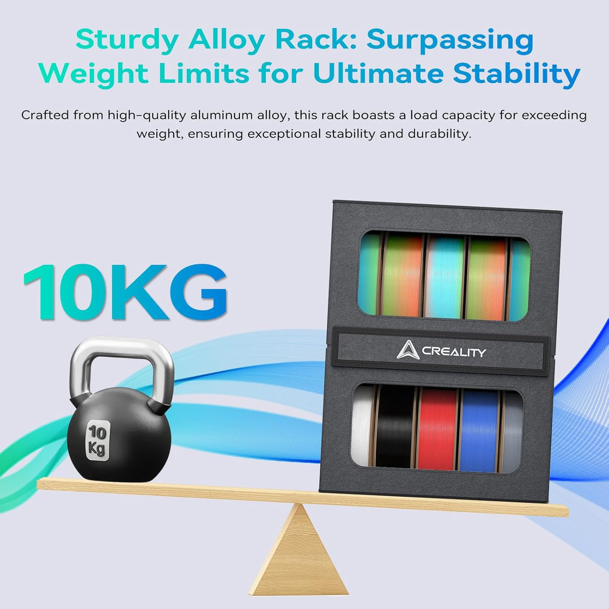 Creality filament rack display with colourful spools and a kettlebell on a balance scale.