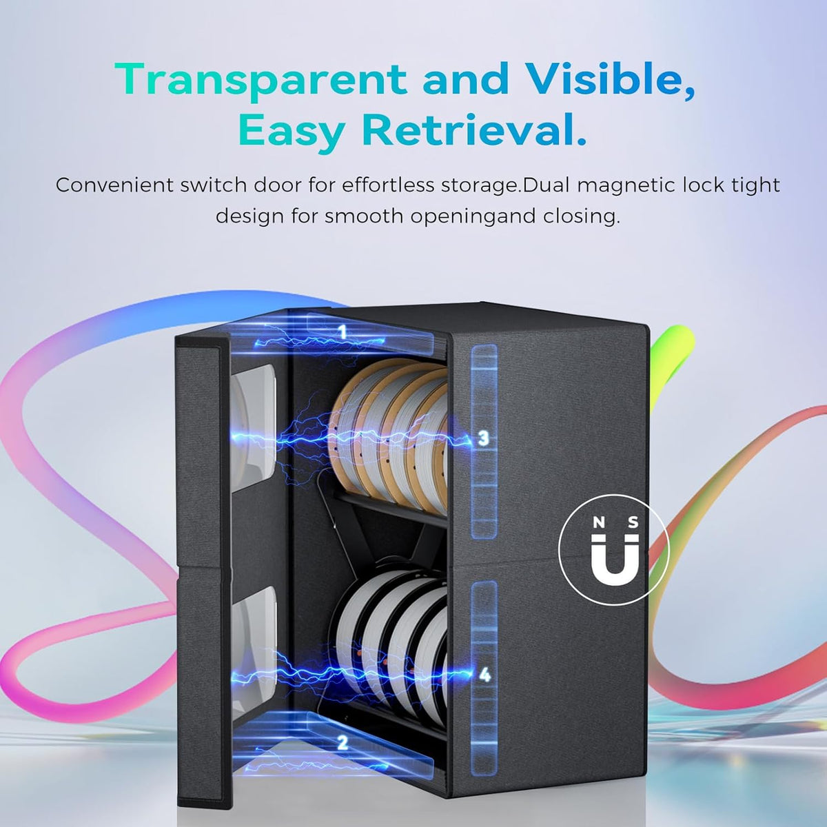 Creality filament storage box with a transparent door and magnetic-closure detail on a light blue background.