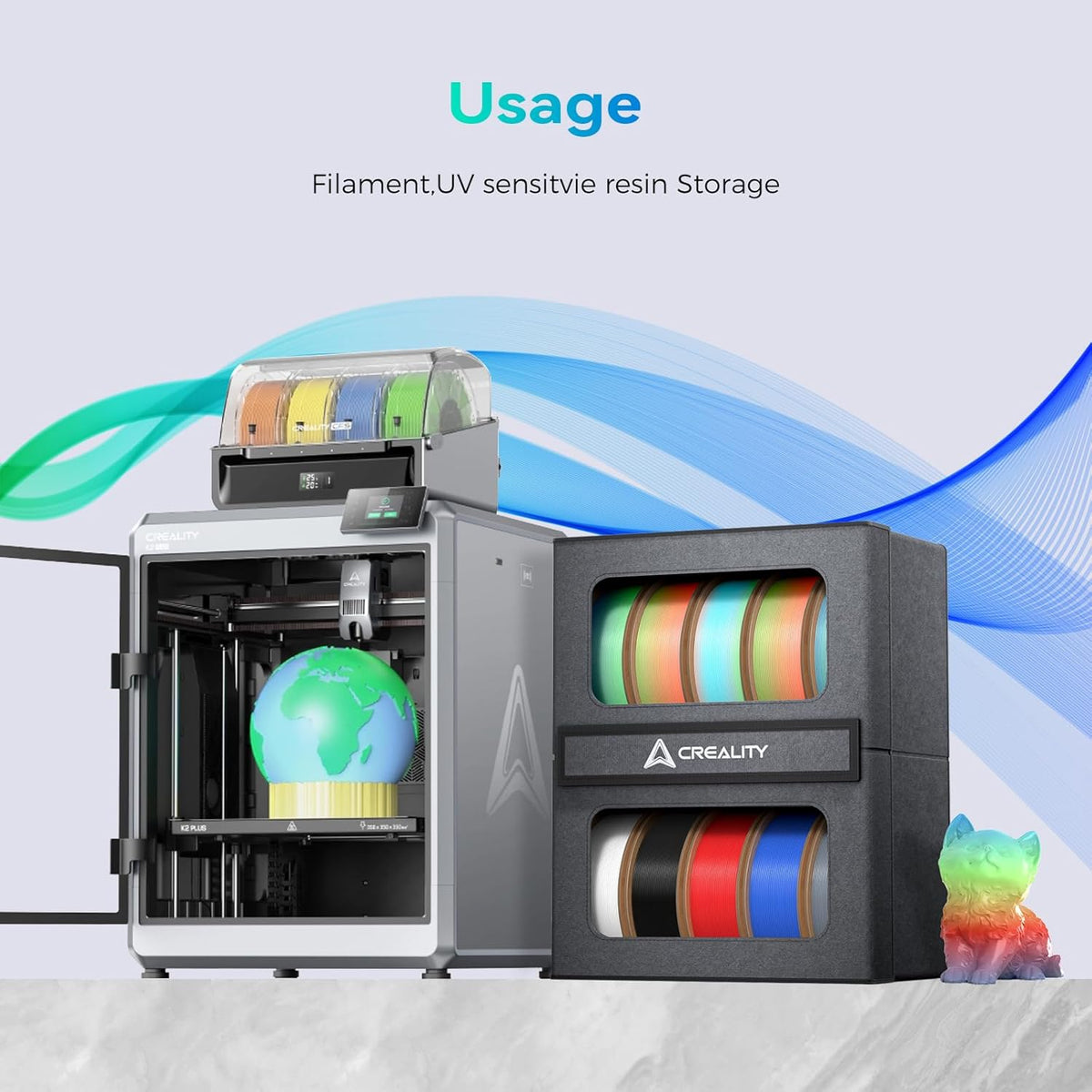 Creality filament storage-box scene showing a 3D printer and colourful stored materials on a light blue background.