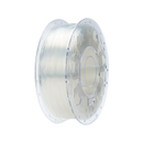 A spool of clear 3D printer filament wound on a transparent plastic core, shown at a three-quarter angle against a solid white background.