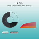 Comparison of HP-TPU and ordinary TPU printing with a 3D printed object and speed graph on a light blue background.