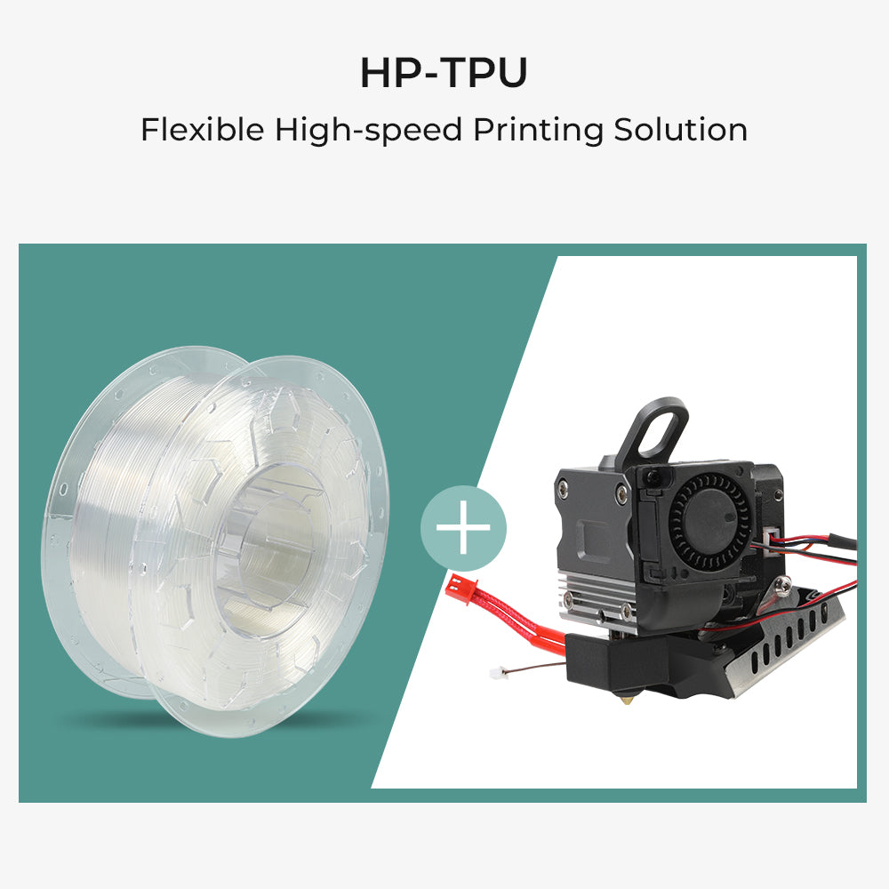 Creality HP-TPU printing setup graphic with a filament spool and printer component on a white background.