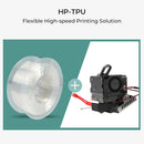 HP-TPU flexible high-speed printing solution with filament spool and printer component on a white background
