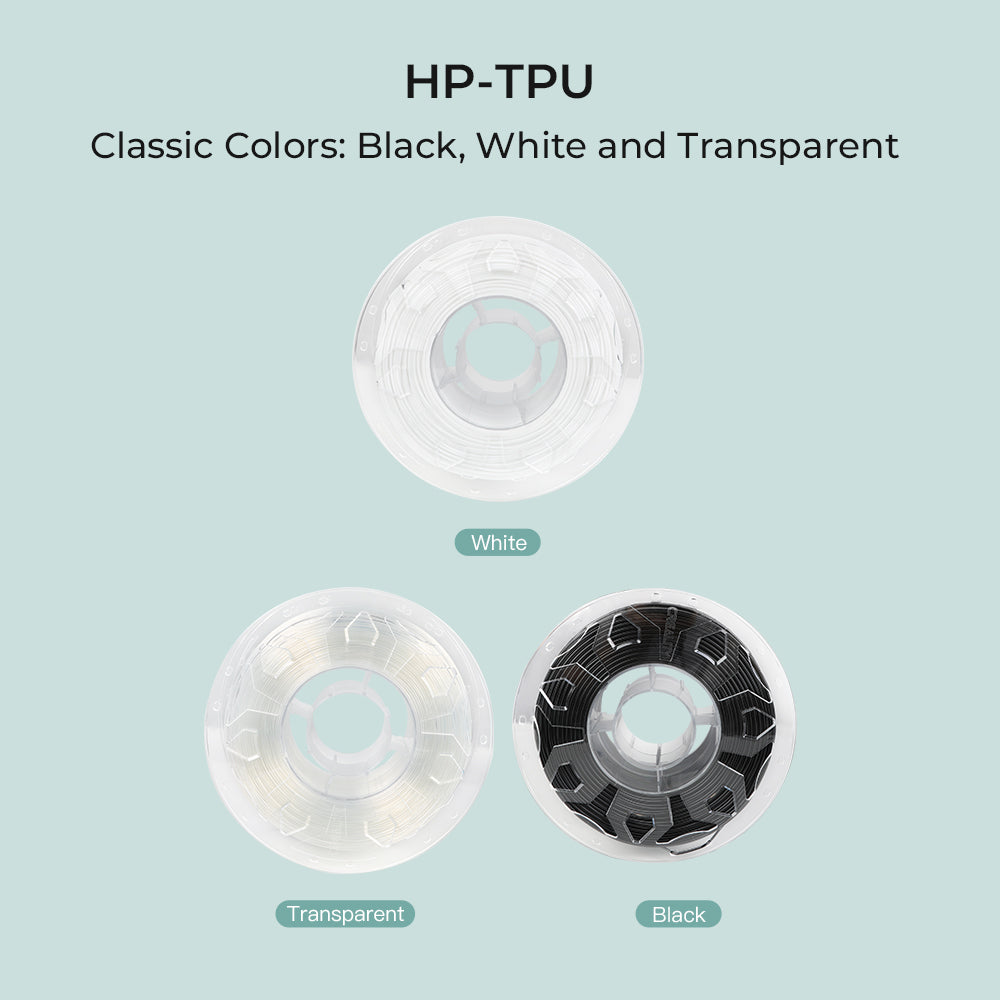 Three Creality HP-TPU filament spools in white, transparent and black on a light blue background.