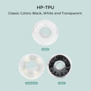 Three rolls of HP-TPU material in white, transparent, and black on a light blue background.