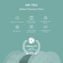 Promotional graphic for HP-TPU Better Filament Plan with Creality branding on a teal background.