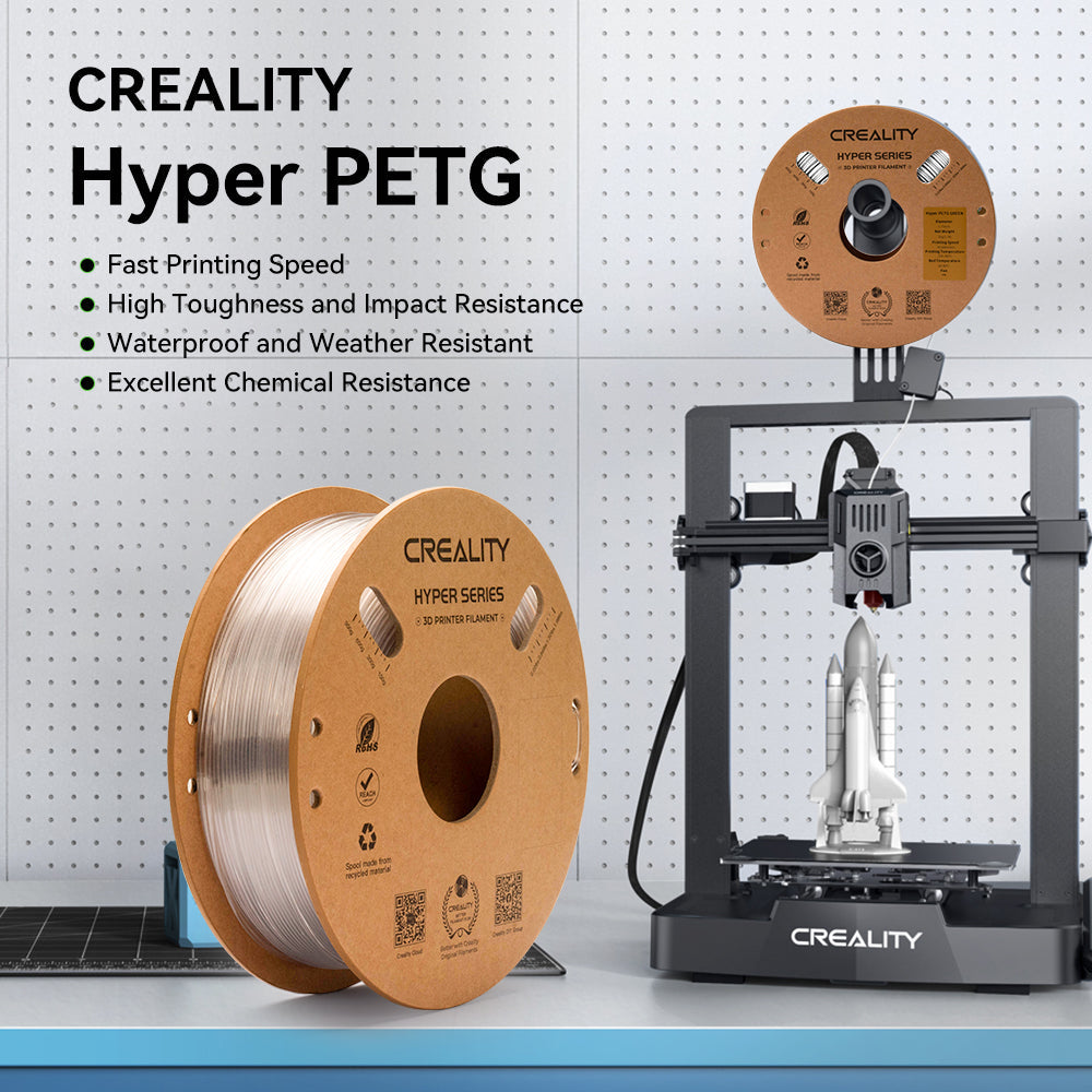 Creality printer with Hyper PETG filament spools on a white background.