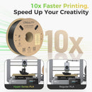 Creality Hyper Series PLA 3D printing filament spool shown on a white background with promotional text reading '10x Faster Printing, Speed Up Your Creativity' and two small printer comparison panels below.