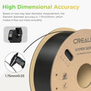 A spool of black 3D printer filament on a kraft cardboard core, shown with marketing text and two small inset photos of a laser diameter measurer. The spool branding reads 'CREALI' and 'HYPER SER'.