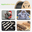 A collage showing a spool of black 3D printing filament labeled 'CREALITY HYPER SERIES' above four example application photos: a mechanical model labeled 'Prototyping', a gray figurine labeled 'Figuren', white machine parts labeled 'Maschinenteile', and a chessboard labeled 'Massenproduktion'.
