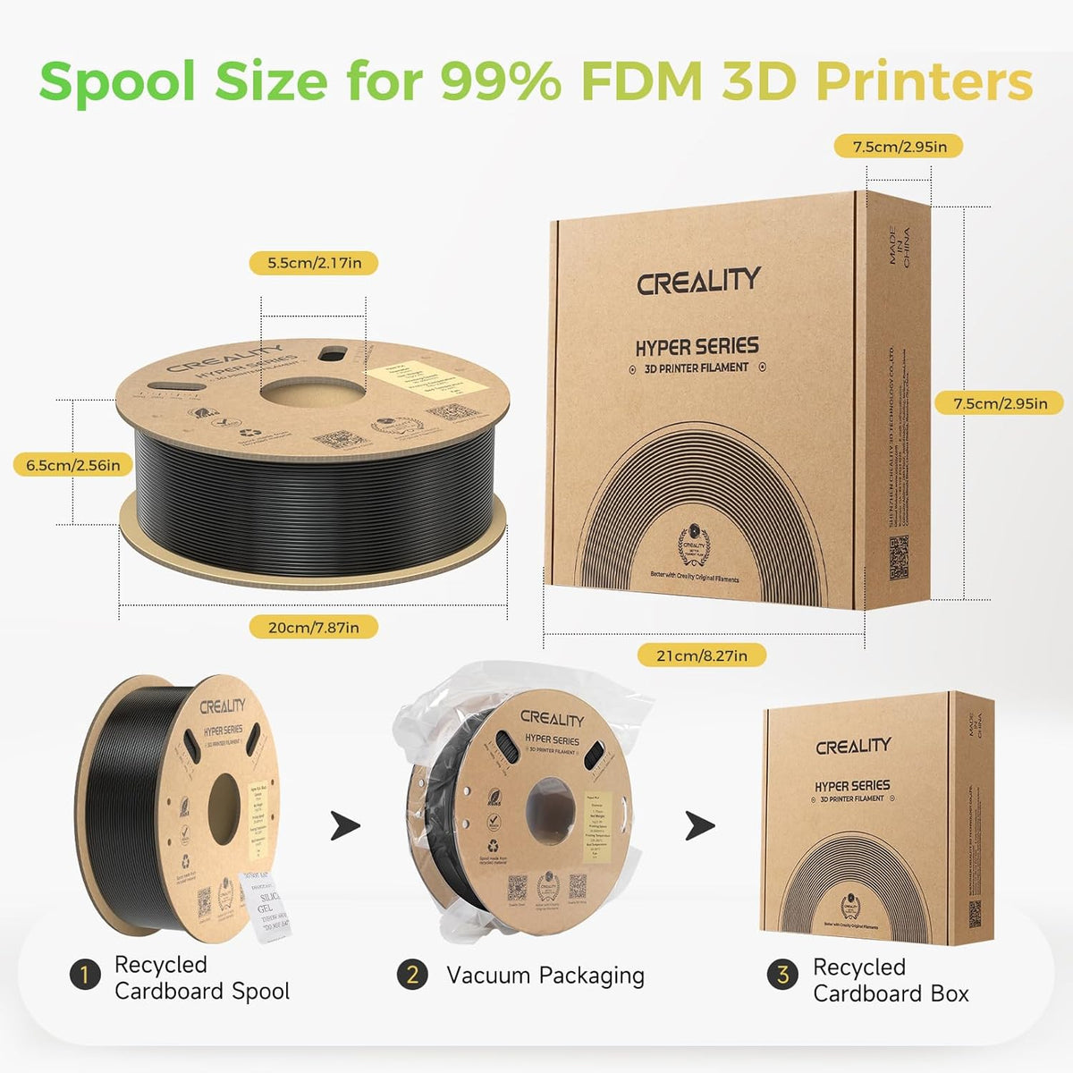 Creality Hyper PLA spool dimensions and packaging diagram with a filament spool, vacuum packaging and cardboard box.