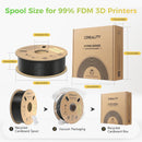 Spool size information for 99% FDM 3D printers, showing a black filament spool, a brown cardboard box, and three steps for recycling: unpackaged spool, vacuum packaged spool, and boxed spool. Text labels indicate dimensions such as 20cm/7.