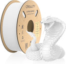 A spool of white 3D printer filament next to a white printed snake model, on a clean white background. The spool label shows the brand 'CREALITY' and the product line 'HYPER SERIES'.