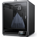 A black Creality K1 Max 3D Printer with a transparent side panel showing the interior structure and a printed object.