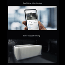 Creality K1 Max 3D printer smart camera features: The top section shows real-time remote monitoring on a smartphone app displaying a live print feed alongside bed and nozzle temperatures, while the bottom section demonstrates the built-in camera's time-lapse filming capability capturing a large white rectangular model printing inside the enclosed chamber