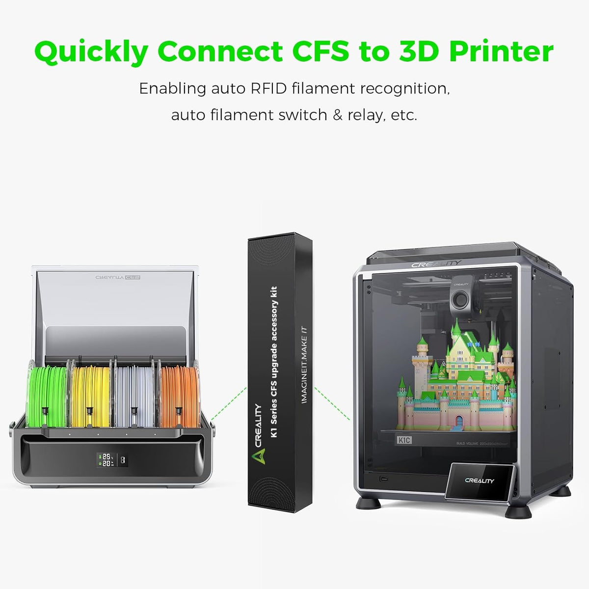 3D printer shown with a Creality Filament System and accessories on a white background.