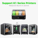 3D printer with filament spools and printed models on a white background