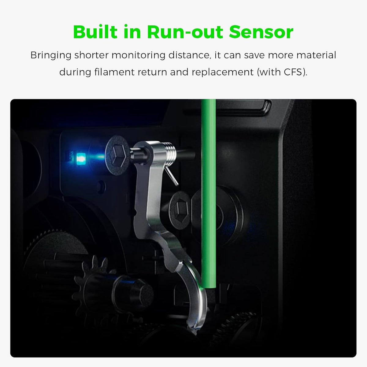 Creality K1 Series CFS upgrade component close-up with run-out-sensor feature text.