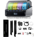 3D printer filament storage case with colorful filaments and accessories on a white background