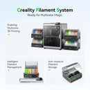 Creality Filament System with 3D printers and filament storage on a light gray background