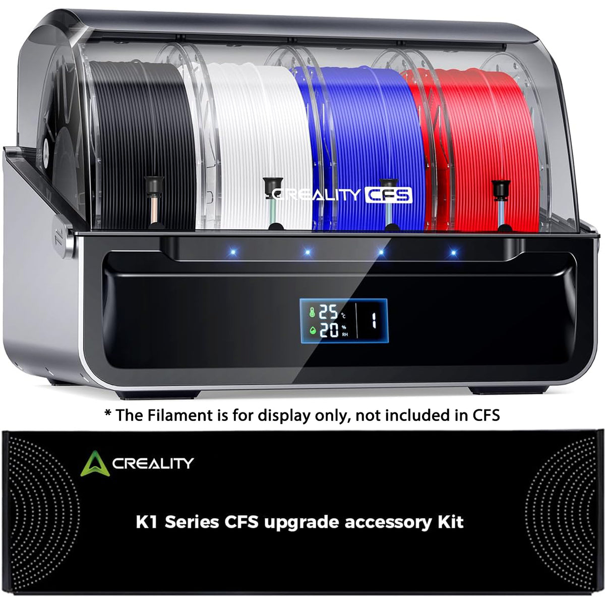 Creality K1 Series CFS upgrade accessory kit with filament spools on a white background.