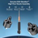 A detailed 3D render of the Creality E3D Obxidian High Flow Nozzle Assembly highlighting its four core engineering features: High Thermal Conductivity, High Flow Printing, Upgraded Material, and a Multi-channel Design.