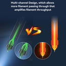An internal view illustrating the E3D Obxidian's unique multi-channel design, showing how it splits the melted filament to allow more material to pass through, effectively amplifying filament throughput compared to a traditional single-channel nozzle.