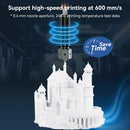 A highly detailed 3D printed white castle model demonstrating the Creality E3D Obxidian nozzle's ability to support high-speed printing at up to 600 mm/s, featuring a 'Save Time' badge to emphasise its efficiency