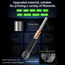 A technical diagram detailing the upgraded materials of the Creality Obxidian nozzle, featuring a titanium alloy heatbreak and an E3DLC coated hardened steel tip with a Moh's hardness of 7.8 for a sixfold lifespan