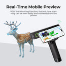 Real-time mobile preview of a deer with a scanning device and smartphone on a white background
